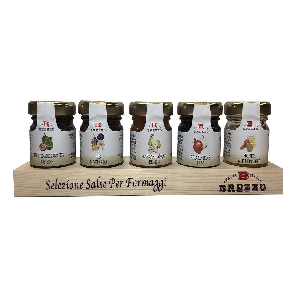 BREZZO - Authentic Italian Condiments, Organic Jams and Honey Gift Sets (5 Pack) | Wooden Board for Gifting | Delicious Sampler Trays from Italy | Gourmet Gifts for Men and Women (Mixed Condiments)