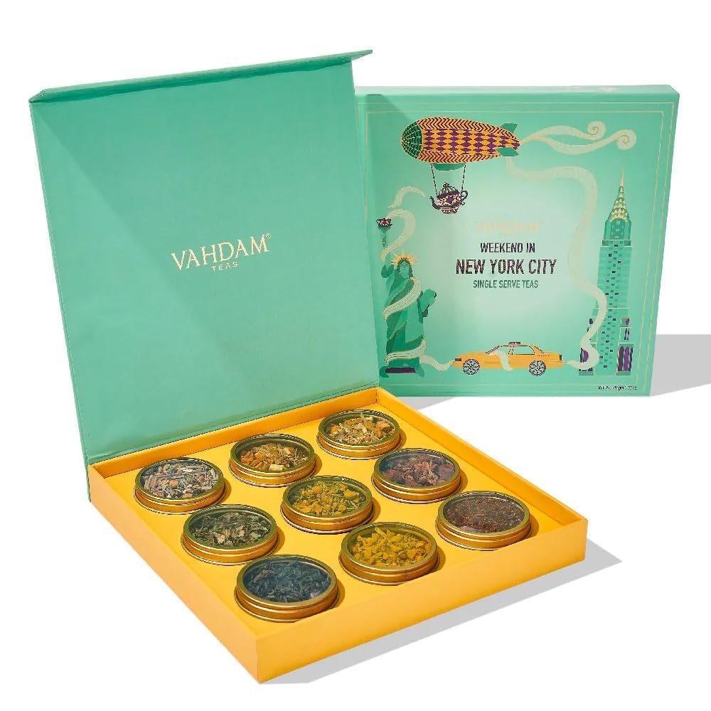 VAHDAM, Weekend In New York Tea Gift Set Travel Edition Gift Box | 9 Varieties - Green Tea, Herbal Tea & Black Tea | Gluten Free, Non GMO | Gifts for Women & Men, Gifts for Him/Her
