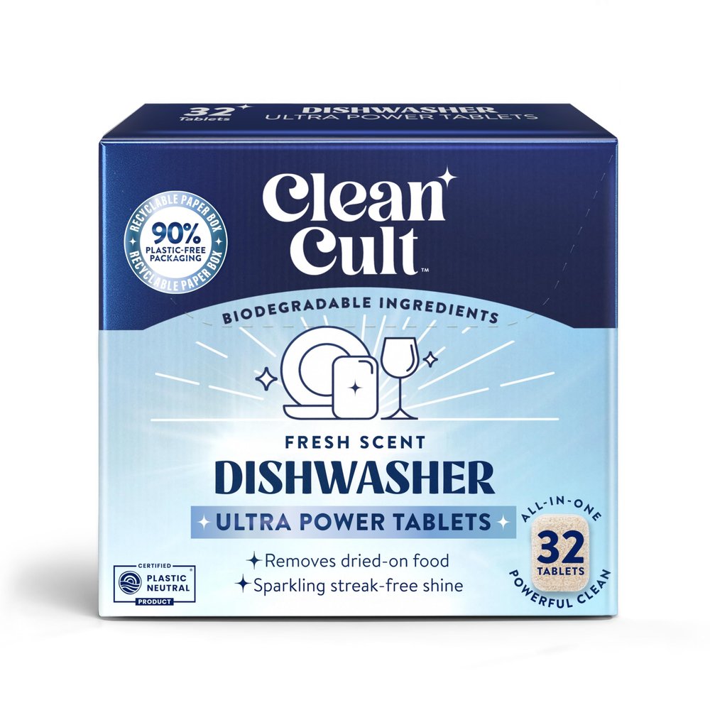 Cleancult Ultra Power Dishwasher Detergent Pods for Sparkling Streak-Free Shine, All-In-One, No Plastic Waste, 32 Count