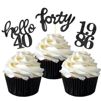 Black Glitter 40th Birthday Cupcake Toppers 40th Birthday Celebrating Party Decorations - Set of 24