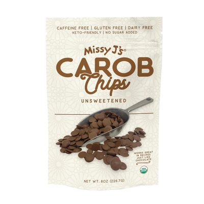 Missy J's organic Unsweetened Carob Chips 8 Oz, Vegan, Gluten and Caffeine Free, Healthy Substitute for Chocolate, Perfect for Snacks and Treats