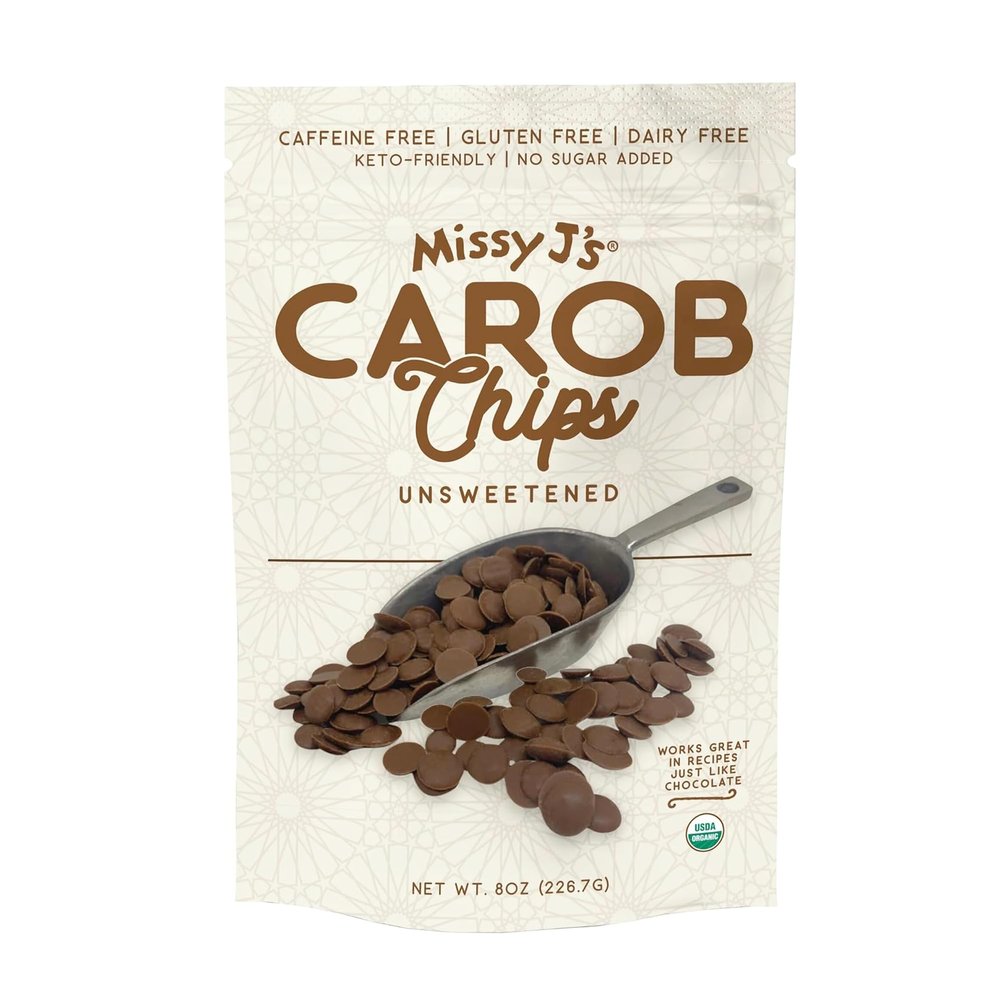 Missy J's organic Unsweetened Carob Chips 8 Oz, Vegan, Gluten and Caffeine Free, Healthy Substitute for Chocolate, Perfect for Snacks and Treats