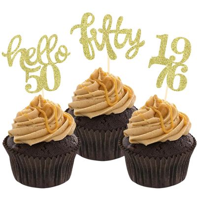 24 Pcs Gold Glitter 50th Birthday Cupcake Toppers for 50th Birthday Celebrating Party Decorations
