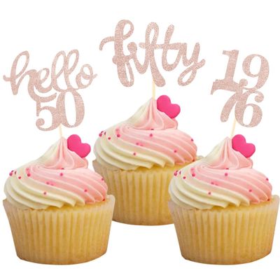 24 Pcs Rose Gold Glitter 50th Birthday Cupcake Toppers for 50th Birthday Celebrating Party Decorations