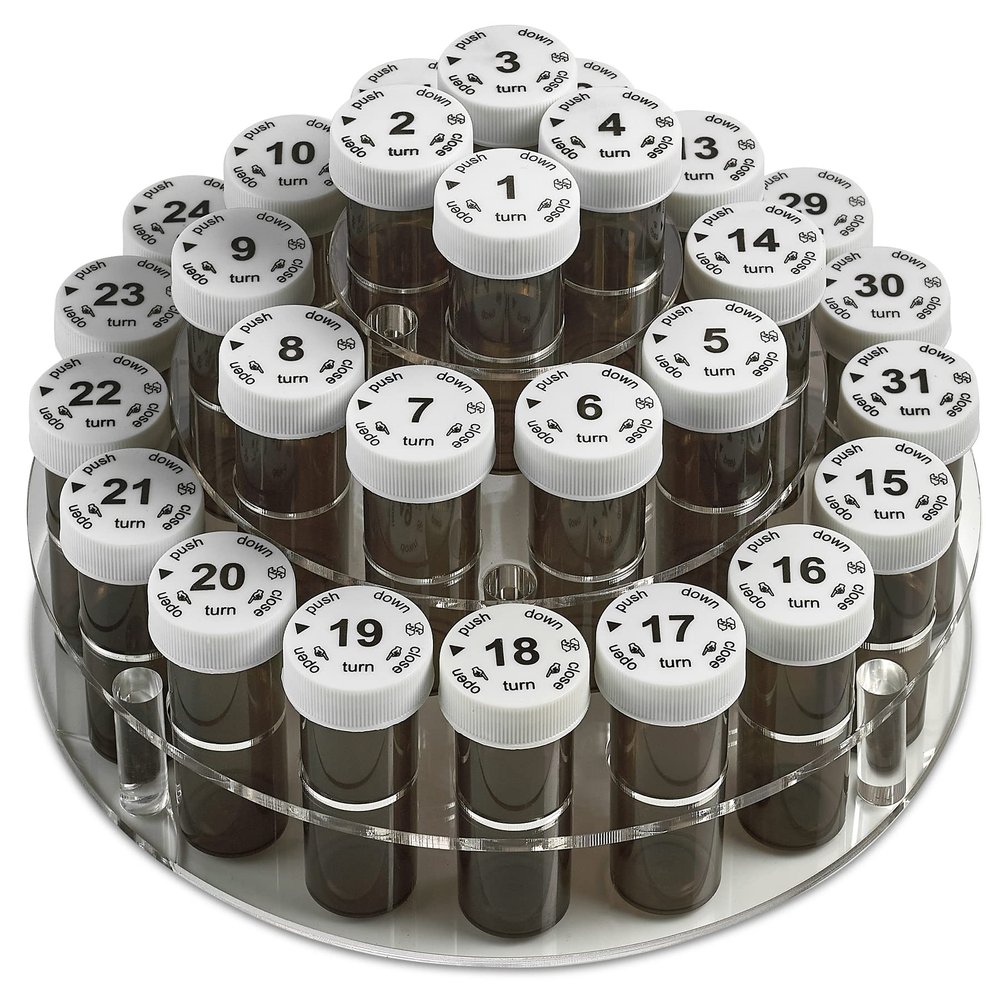 Monthly Pill Bottle Organizer Caddy - 31 Numbered Full-Size Pill Bottles w Child-Proof Lids for Each Day of The Month- Clear Rack and Easy to Use for Daily Dose of Medication Vitamins and Supplements