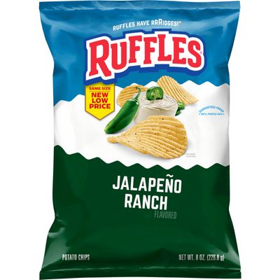Ruffles Potato Chips, Jalapeno Ranch Flavored Snacks, 8 Oz Bag