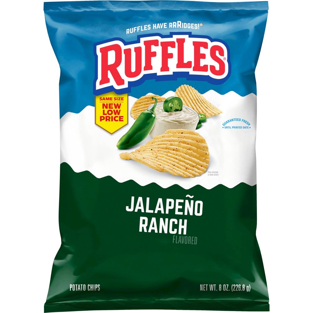 Ruffles Potato Chips, Jalapeno Ranch Flavored Snacks, 8 Oz Bag