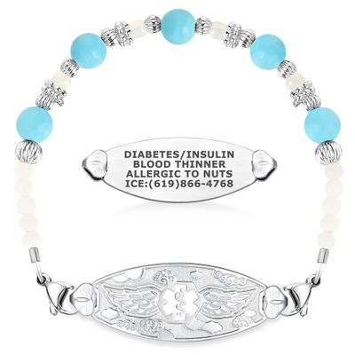 Divoti Jen Medical Alert Bracelet for Women with Free Engraving and Pearl & Turquoise Beads Angel Wing Tag -White-7.0"