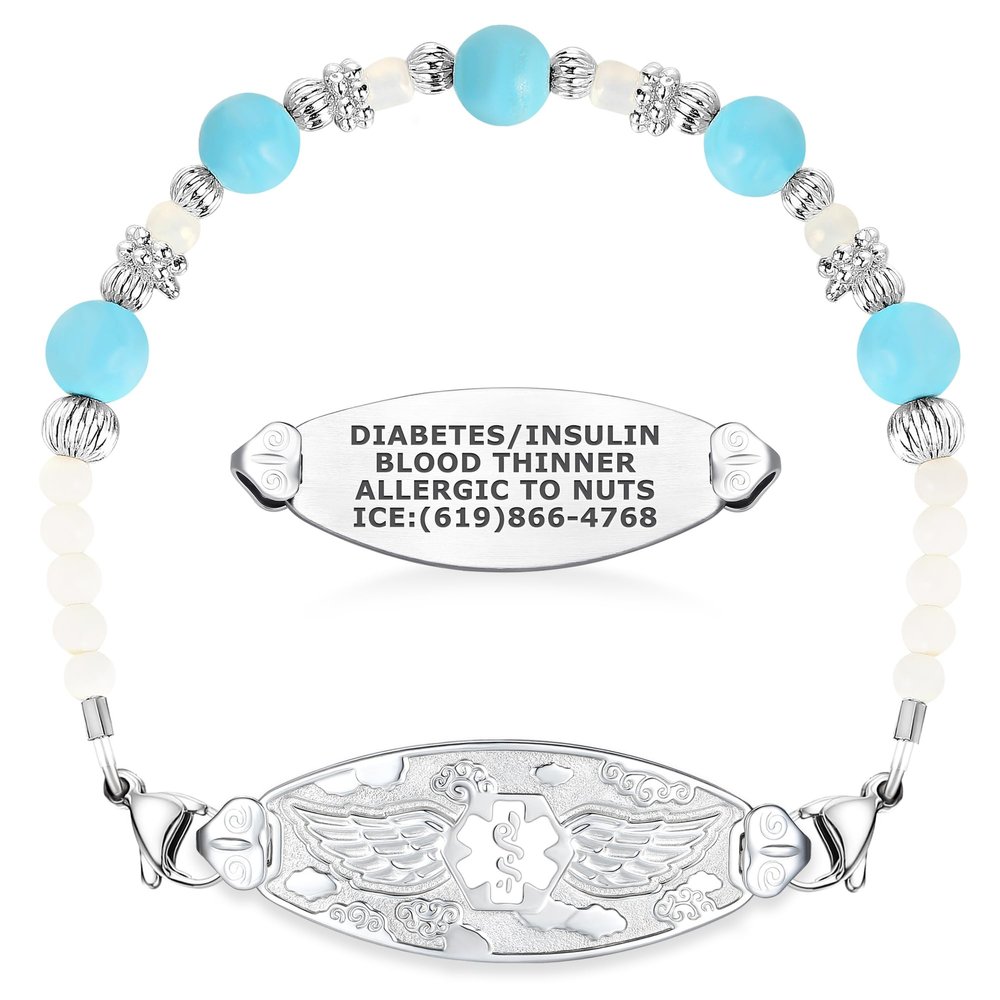 Divoti Jen Medical Alert Bracelet for Women with Free Engraving and Pearl & Turquoise Beads Angel Wing Tag -White-7.0"