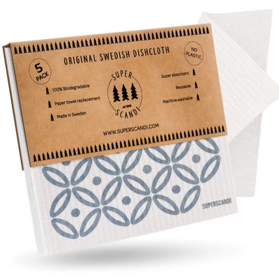 SUPERSCANDI 5 Pack Swedish Dishcloths for Kitchen - 100% Biodegradable & Compostable Reusable Paper Towels Washable, Food-Safe & Without Plastic - Dish Rags Suitable for Any Surface, Artdeco Blue