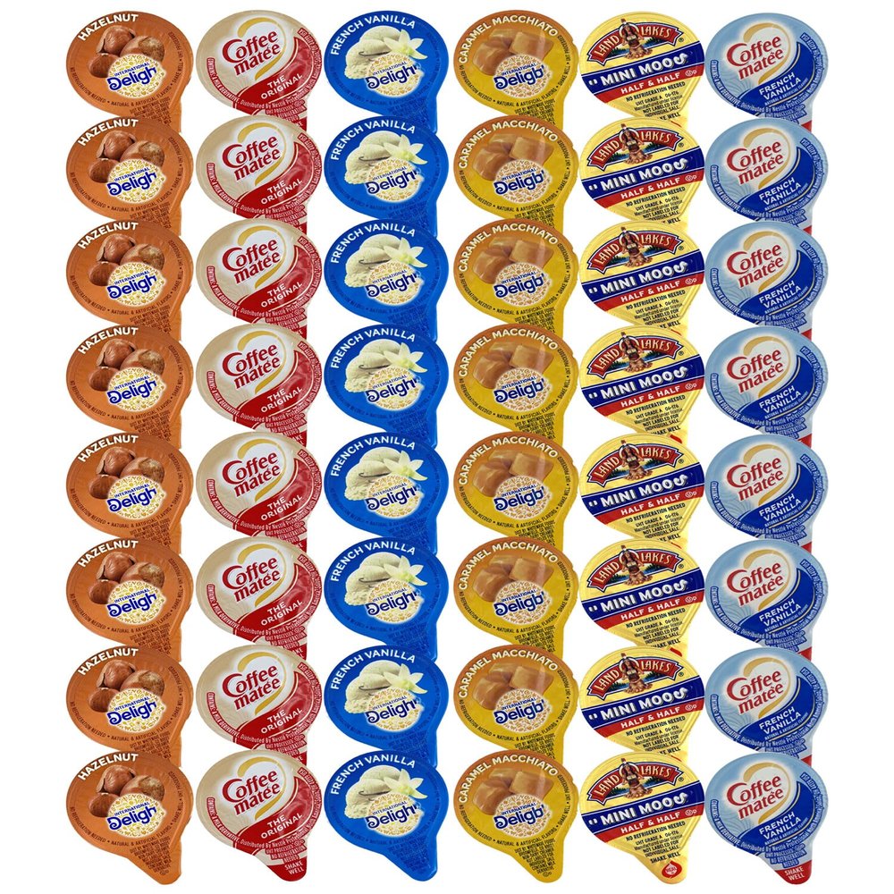 48 Assorted Coffee Creamer Singles Pack - 6 Flavored Variety Bundle, Including Caramel Macchiato, Half & Half, French Vanilla, and Hazelnut