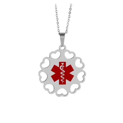 BAIYI HOPE Custom Medical Alert Dog Tag Heart Hollowed-Out Necklace for Women Personalized Stainless Steel Round Emergency ID Pendant Chain for Female, 20 (Free Engraving)