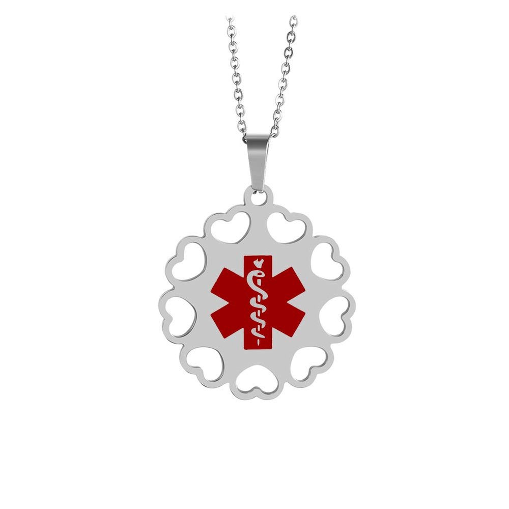 BAIYI HOPE Custom Medical Alert Dog Tag Heart Hollowed-Out Necklace for Women Personalized Stainless Steel Round Emergency ID Pendant Chain for Female, 20 (Free Engraving)