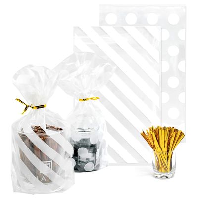 100pcs Gusseted cellophane Bags White Polka Dot Cookie Bags and Striped Plastic Candy Bag (Size 5"x8"x1.8"with Gold Twist Ties, Best Gusset Bag for Presenting Packaged Treats, Candy, Popcorn etc.