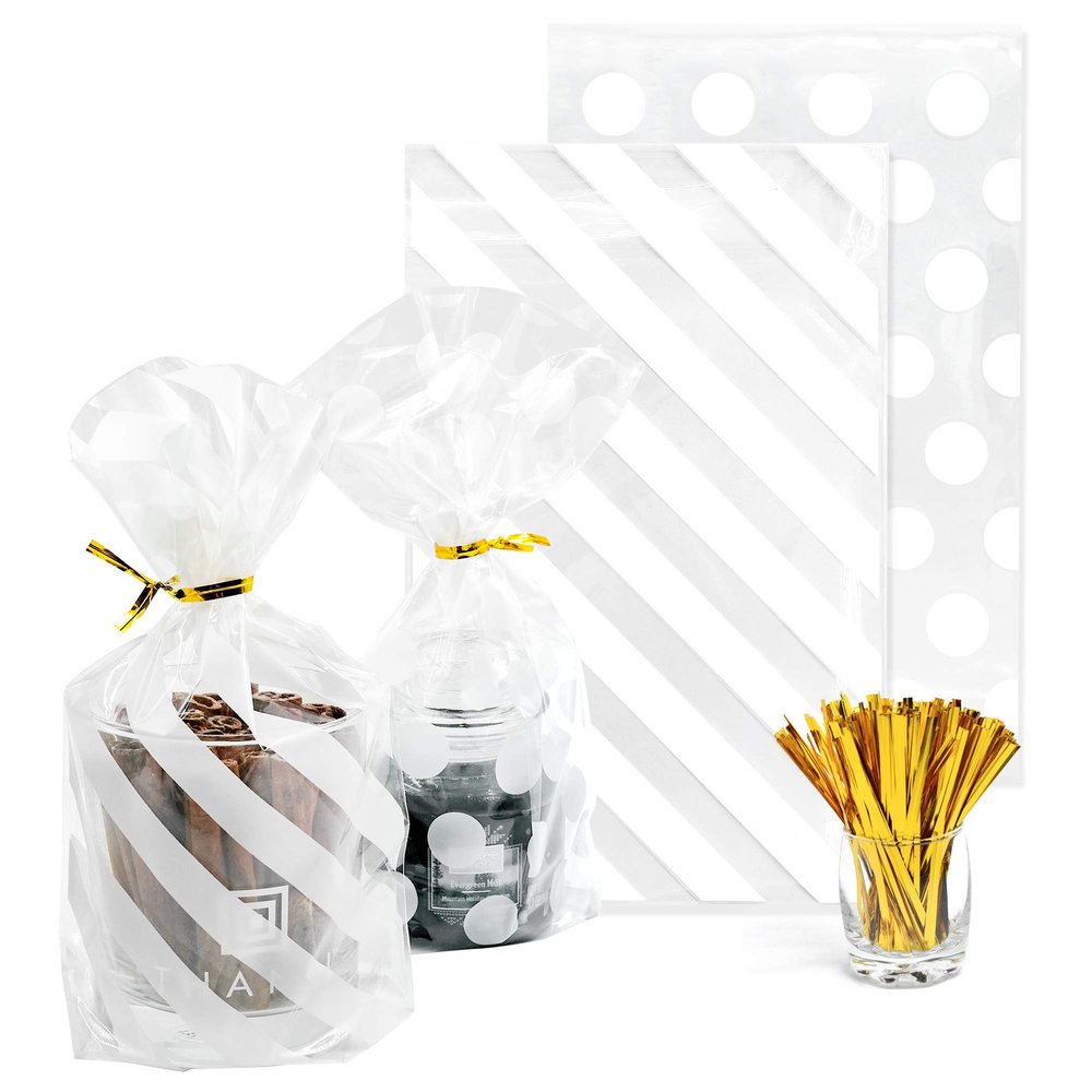 100pcs Gusseted cellophane Bags White Polka Dot Cookie Bags and Striped Plastic Candy Bag (Size 5"x8"x1.8"with Gold Twist Ties, Best Gusset Bag for Presenting Packaged Treats, Candy, Popcorn etc.