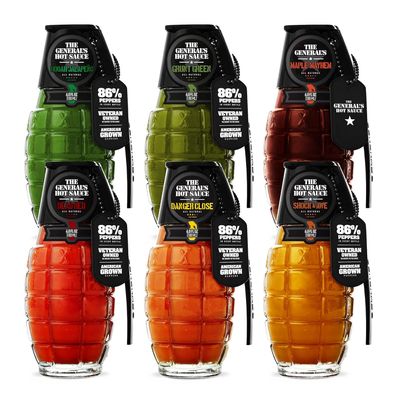 The Generals Hot Sauce Super 6 Hot Sauce Gift Set Variety with 5 Habanero, Cayenne or Jalapeo Pepper Hot Sauces & 1 Hot Maple Syrup - All-Natural, American Grown, Veteran-Owned, 6-Pack (6oz Bottles)