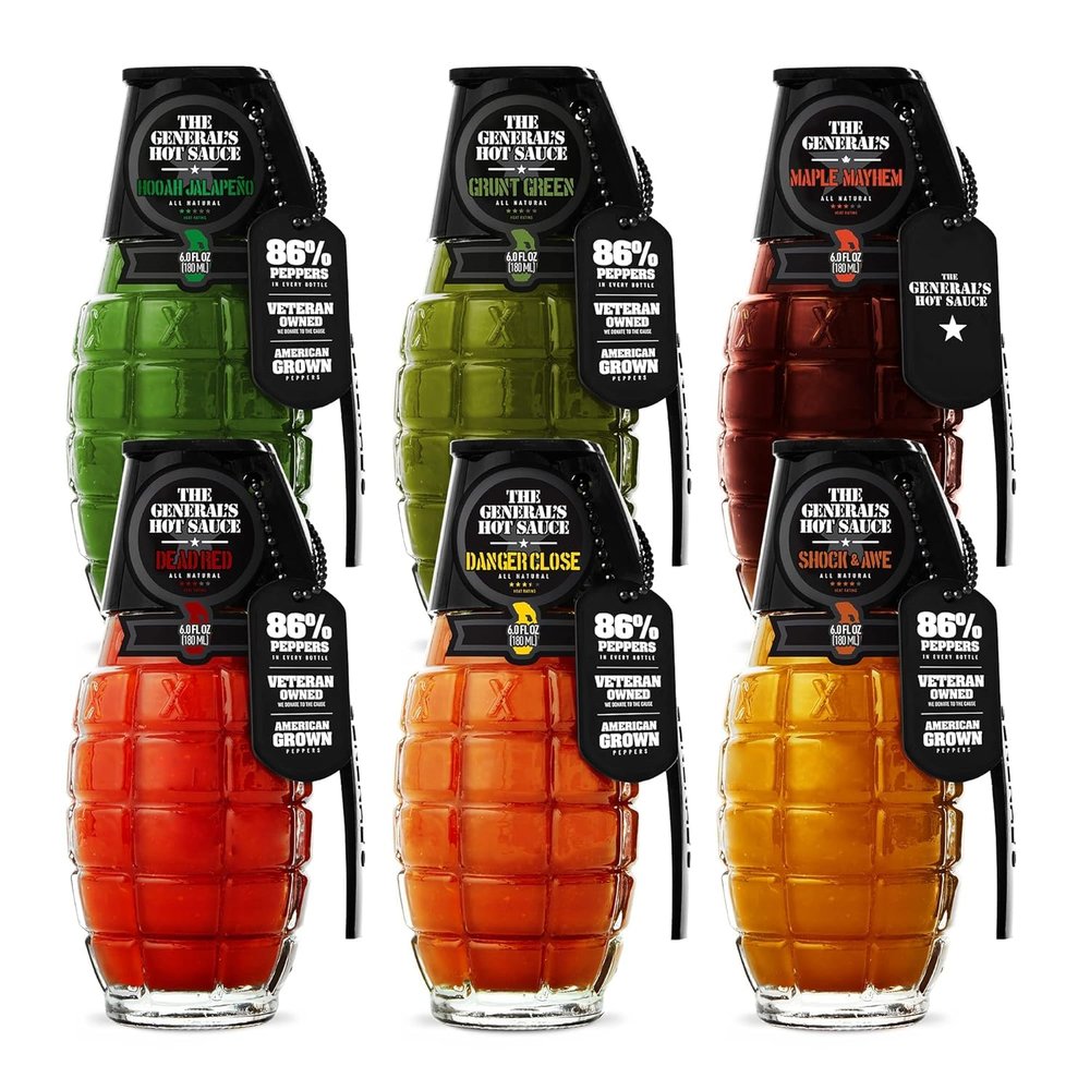 The Generals Hot Sauce Super 6 Hot Sauce Gift Set Variety with 5 Habanero, Cayenne or Jalapeo Pepper Hot Sauces & 1 Hot Maple Syrup - All-Natural, American Grown, Veteran-Owned, 6-Pack (6oz Bottles)