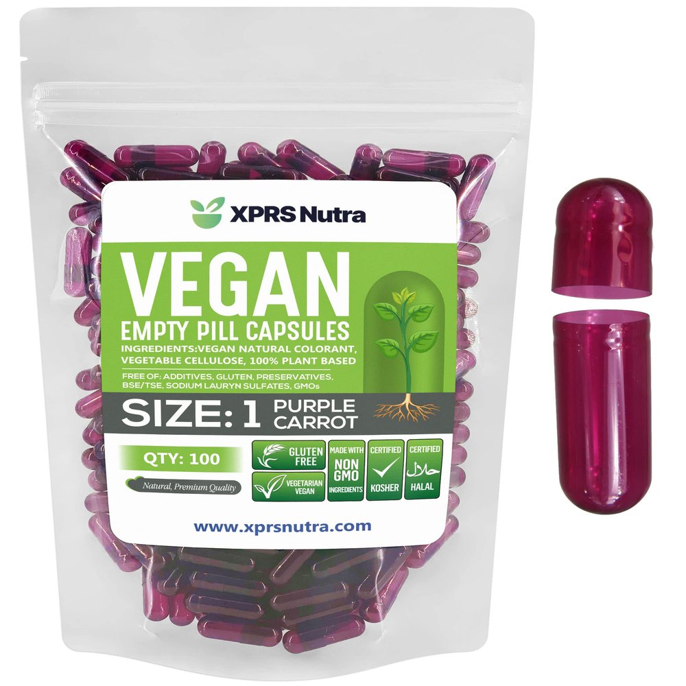 XPRS Nutra Size 1 Empty Capsules - 100 Count Empty Vegan Capsules - Vegetarian Pills - DIY Vegetable Capsule Filling- Veggie Pill Caps for Do-It-Yourself Supplements (Purple Carrot)