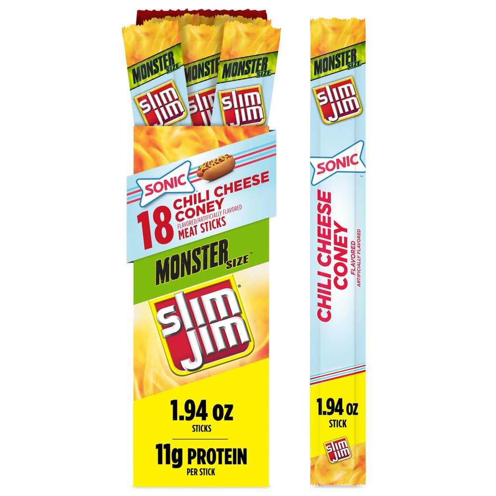 Slim Jim Monster Smoked Meat Sticks, Sonic Chili Cheese Coney Flavor, High Protein, 1.94 oz. (18 Count)
