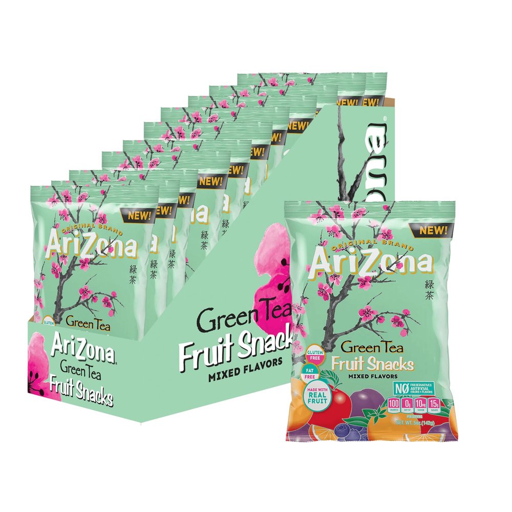 AriZona Green Tea Fruit Snacks, Gluten Free Mixed Fruit Gummy Chews 5 Ounce Individual Single Serve Bags, Green Tea,(Pack of 12)