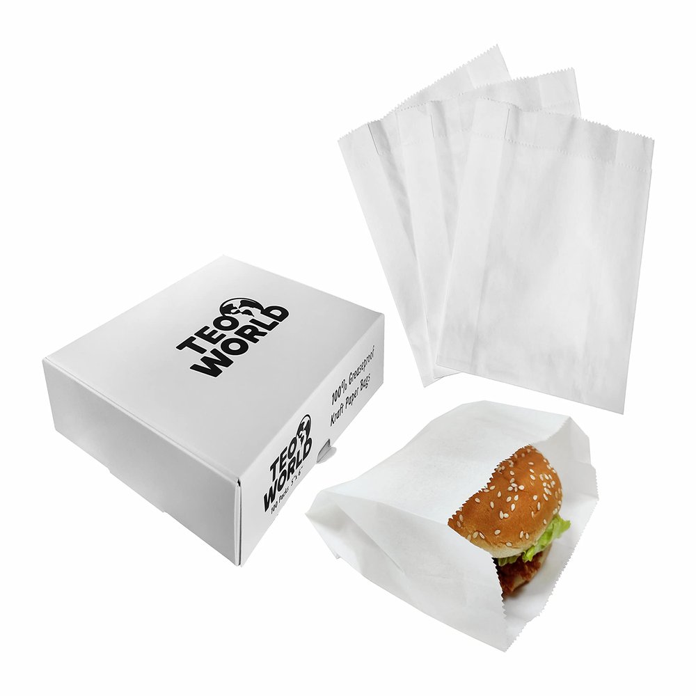 100% Greaseproof White Kraft Paper Bags, 5" x 6" x 2", 100pcs - Perfect for Burgers, Sandwiches, Bakery, Candies & More. Sturdy