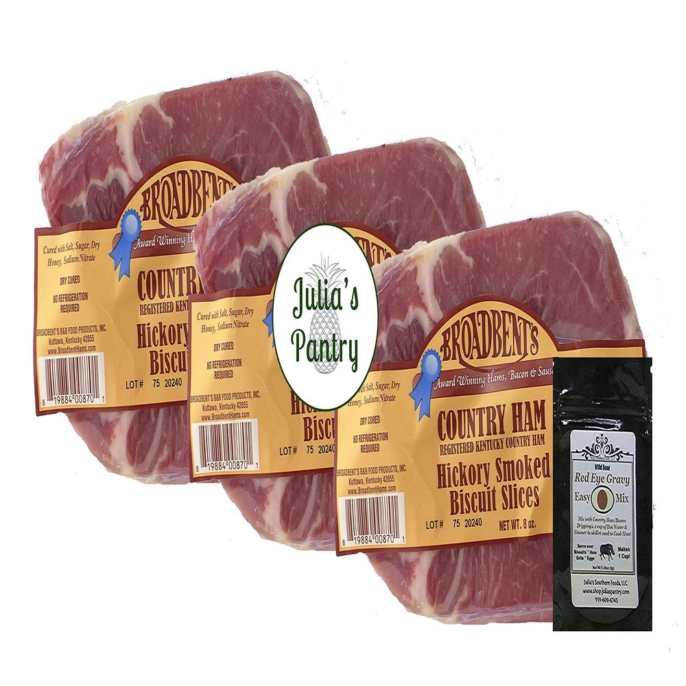 Julia's Pantry Hickory Smoked Country Ham Biscuit Slices 3-8oz Packages and Red Eye Gravy Sample