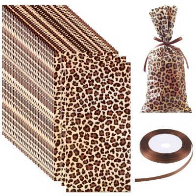 100 Pcs Leopard Print Treat Bags Animal Cheetah Leopard Candy Bags with a Roll Brown Fabric Ribbon for Treat Wild Zoo Jungle Party Decoration Supplies