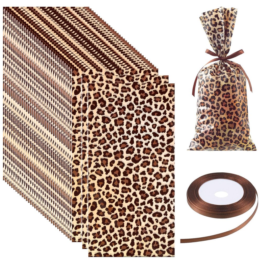 100 Pcs Leopard Print Treat Bags Animal Cheetah Leopard Candy Bags with a Roll Brown Fabric Ribbon for Treat Wild Zoo Jungle Party Decoration Supplies
