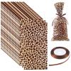 100 Pcs Leopard Print Treat Bags Animal Cheetah Leopard Candy Bags with a Roll Brown Fabric Ribbon for Treat Wild Zoo Jungle Party Decoration Supplies view 1