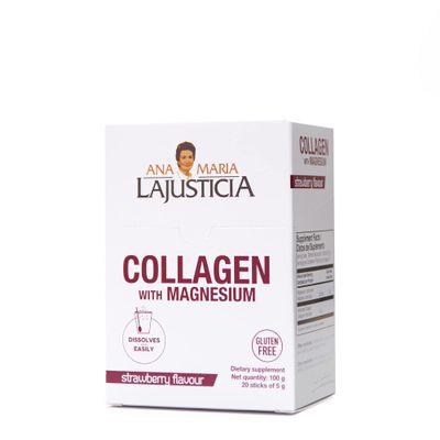 ANA MARIA LAJUSTICIA - Collagen + Magnesium Powder Sticks. Strawberry Flavour - Travel Pack. Hydrolized Collagen for Healthy Skin, Bones, Nails and Joints. Dairy, Gluten and Sugar Free.