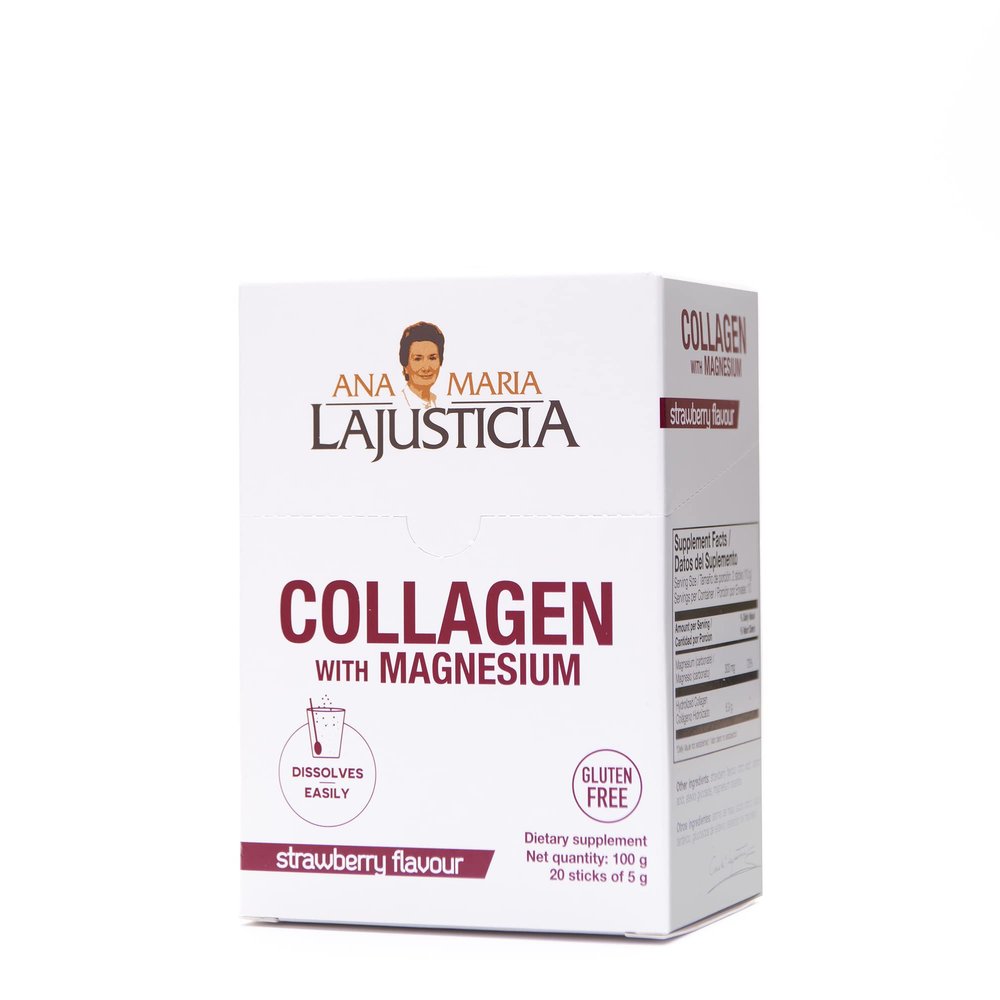 ANA MARIA LAJUSTICIA - Collagen + Magnesium Powder Sticks. Strawberry Flavour - Travel Pack. Hydrolized Collagen for Healthy Skin, Bones, Nails and Joints. Dairy, Gluten and Sugar Free.