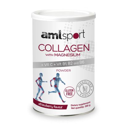 AML Sport - Collagen with Magnesium + VIT C, B1, B2 and B6 Powder - 350g (Strawberry Flavour). Tissue Regenerator with Type 1 &2 Collagen. Gluten Free. Sugar Free