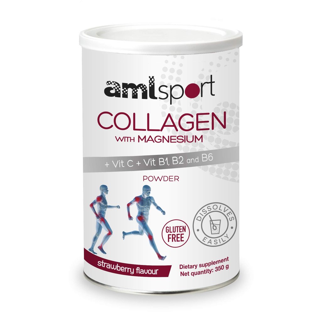 AML Sport - Collagen with Magnesium + VIT C, B1, B2 and B6 Powder - 350g (Strawberry Flavour). Tissue Regenerator with Type 1 &2 Collagen. Gluten Free. Sugar Free