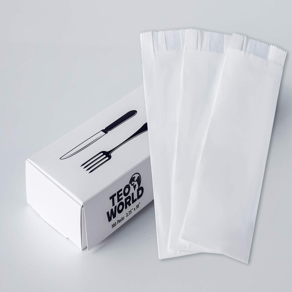 100 Pack 100% White Kraft Paper Bags, 2.75 x 10 inches White Plain Bag Kitchen Cutlery Utensils Holder (Box of 100 pcs)