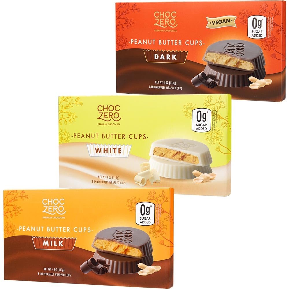ChocZero Peanut Butter Cups Variety Pack, No Added Sugar, Keto, Low Carb Snack, 24 Individually Wrapped Cups Total (4 Ounce, Pack of 3)
