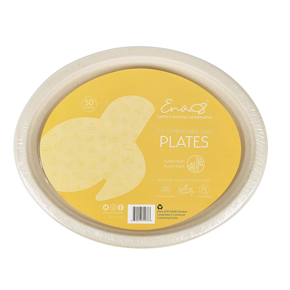 100% Compostable Disposable Paper Plates Bulk [12.5" Oval 50 Pack], Bamboo Plates, Eco Friendly, Biodegradable, Sturdy Large Dinner Party Plates, Heavy-Duty, Unbleached by Earth's Natural Alternative