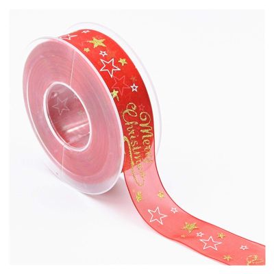 DUO ER 25mm Organza Star Christmas Gold Glitter Printed Ribbons for Crafts Handmade DIY Gift Wrapping Party Wedding Decoration (Color : Red, Size : 10M)