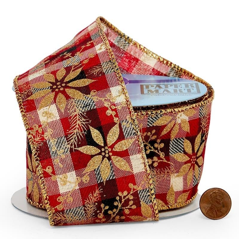 2 1/2" X 10 Yards Gold Poinsettias On Plaid Wired Ribbon Christmas
