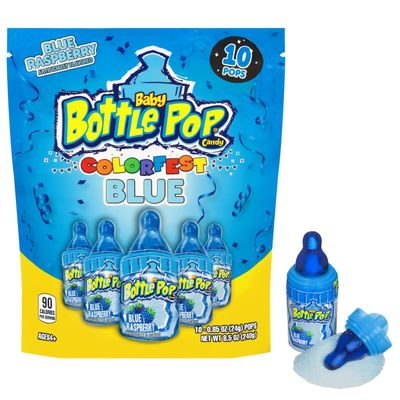 Baby Bottle Pop Candy Blue Lollipops, 10 Ct Bulk Lollipops with Dipping Powder in Blue Raspberry Flavor, Full Size, Individually Wrapped Hard Candy For Valentine's Goodie Bags, Party Favors