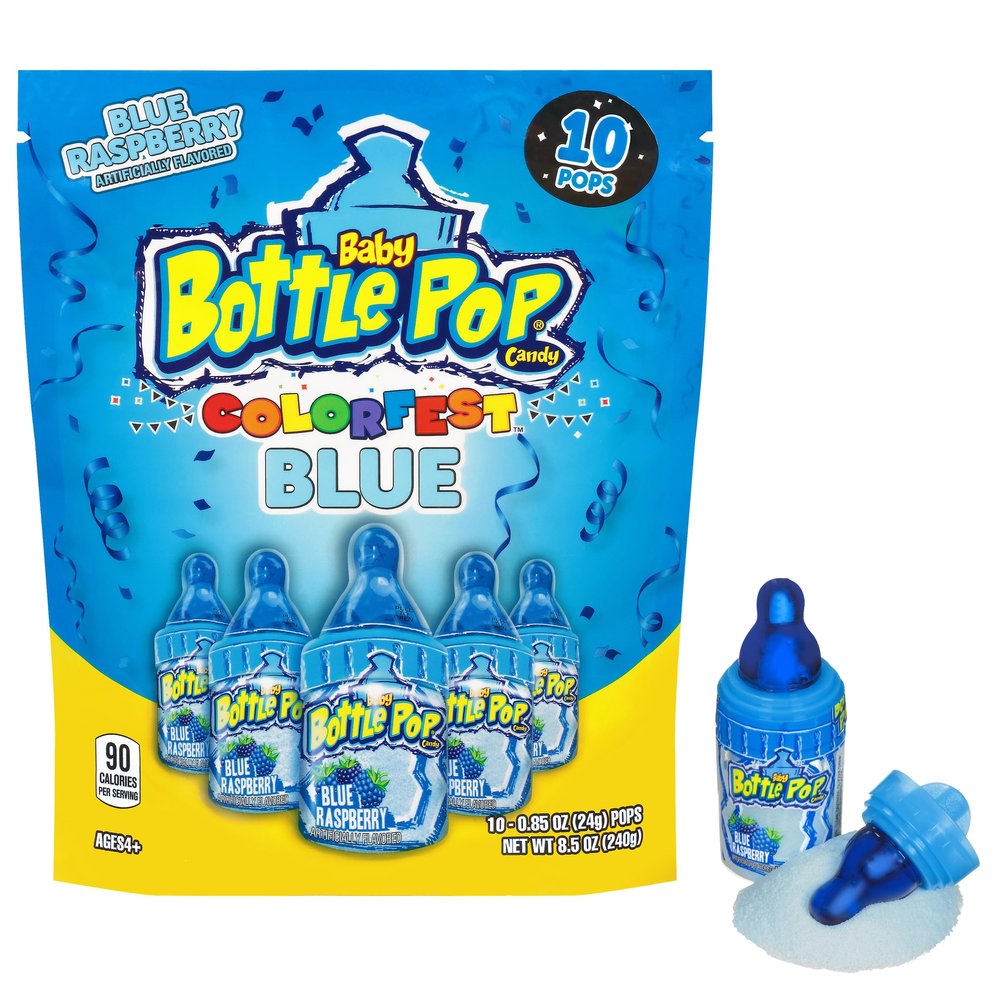 Baby Bottle Pop Candy Blue Lollipops, 10 Ct Bulk Lollipops with Dipping Powder in Blue Raspberry Flavor, Full Size, Individually Wrapped Hard Candy For Valentine's Goodie Bags, Party Favors