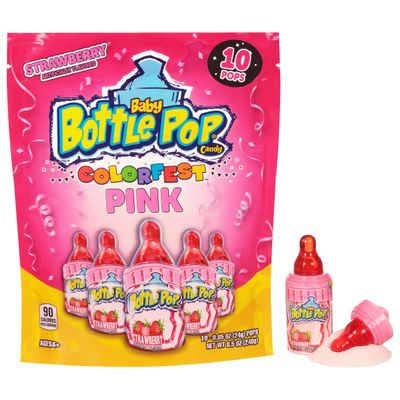 Baby Bottle Pop Easter Candy Pink Lollipops, 10 Ct Lollipops with Dipping Powder in Pink Strawberry Flavor, Full Size, Individually Wrapped Hard Candy For Easter Basket Stuffers, Egg Fillers, Gifts