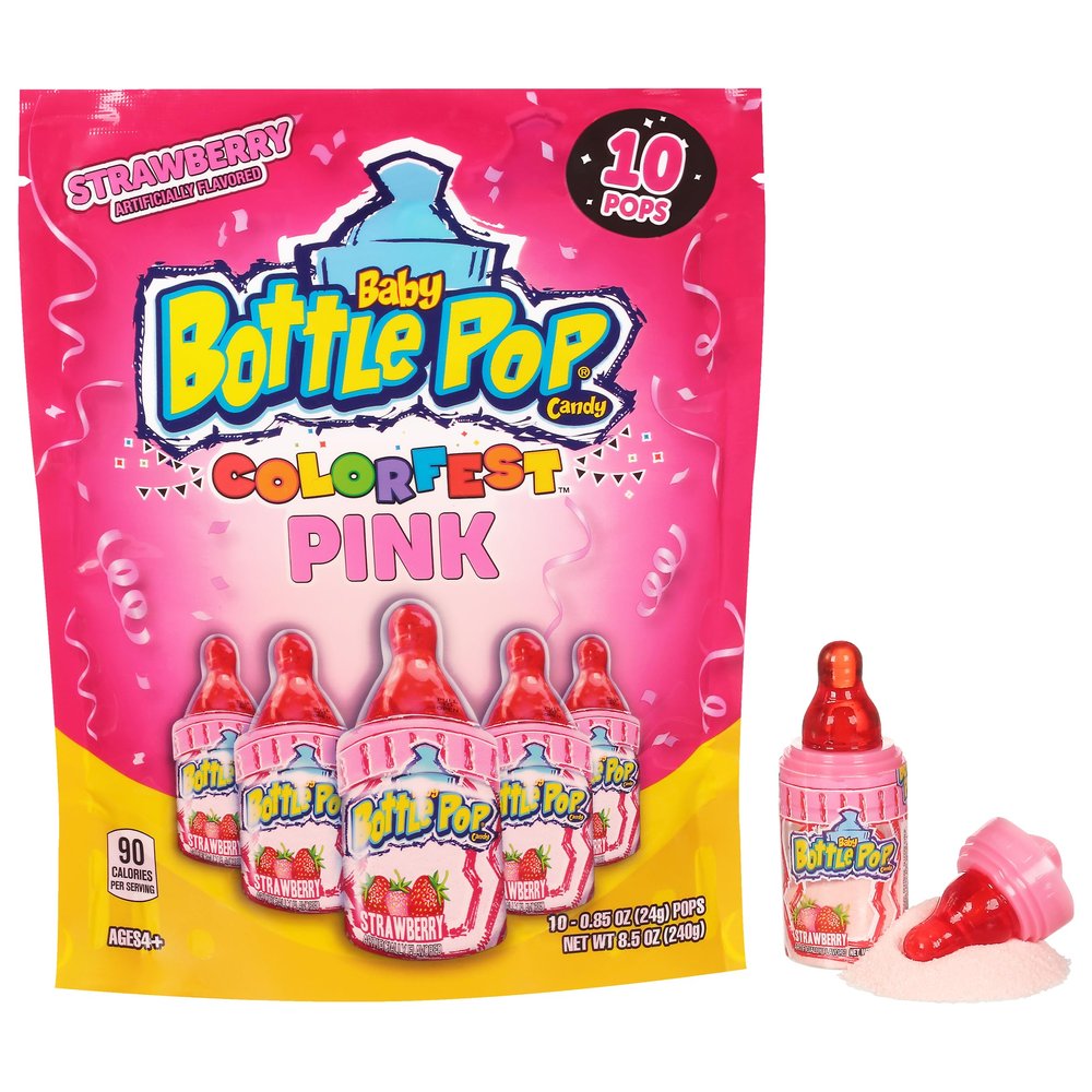Baby Bottle Pop Easter Candy Pink Lollipops, 10 Ct Lollipops with Dipping Powder in Pink Strawberry Flavor, Full Size, Individually Wrapped Hard Candy For Easter Basket Stuffers, Egg Fillers, Gifts