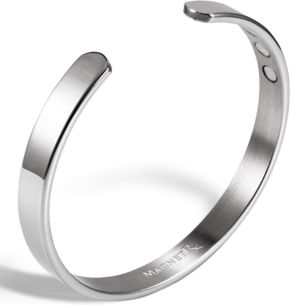 MagnetRX Magnetic Bracelets for Men & Women - Elegant Bangle Mens Cuff - Golf/Tennis Elbow & Balance, Stainless Steel Magnetic Bracelets for Women (Polished Silver | Medium)