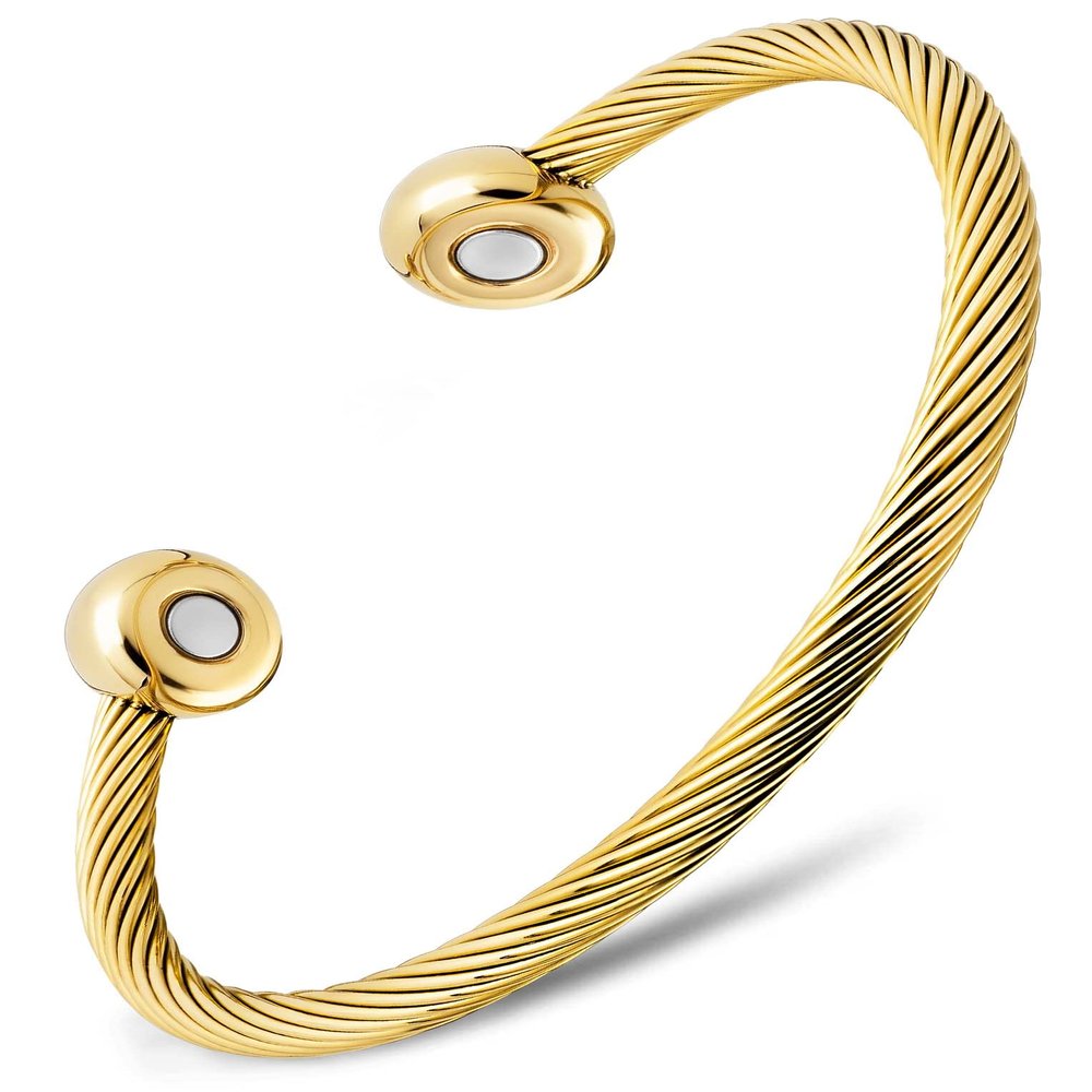 MagnetRX Magnetic Bracelet Cuff - Twisted Cable Stainless Steel Bangle Magnetic Bracelets - Elegant Golf Bracelet Men & Women (Gold | Medium)