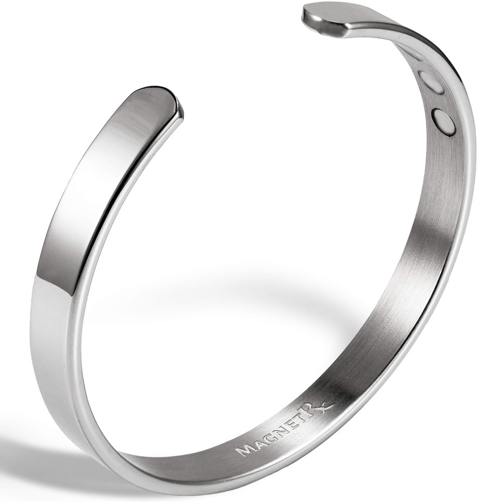 MagnetRX Magnetic Bracelets for Men - Elegant Bangle, Golf/Tennis Elbow & Balance - Mens Cuff Magnetic Bracelet (Polished Silver | Large)