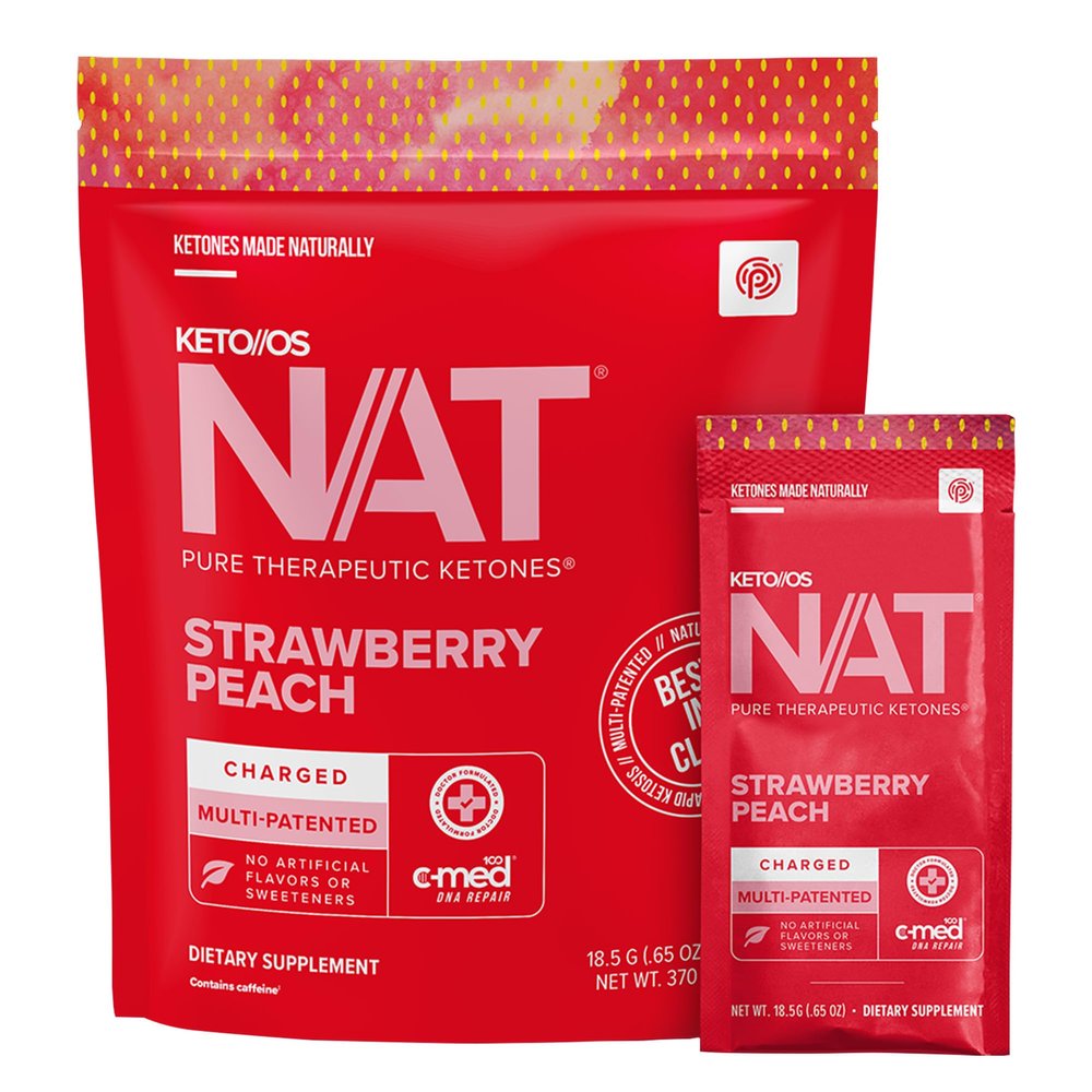 Pruvit - Keto//OS NAT - Strawberry Peach Charged Drink Mix with C-Med 100, L-Taurine, Vitamins B6 & B12, Ketone Supplement - 18.5g