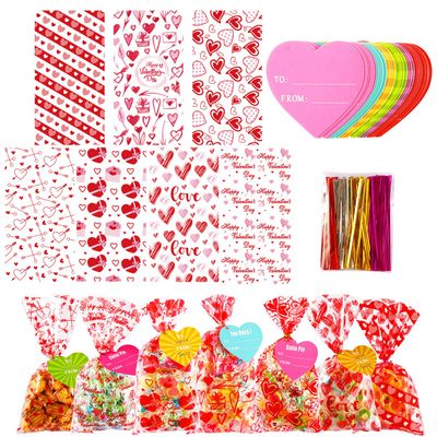 182 PCS Valentines Gift Bags Valentine Cellophane Bags, 7 Assorted Styles Valentine Treat Bags Valentine Goodies Bags with 35 PCS Gift Tags & 200 PCS Twist Ties for Valentines Party Favors Supplies