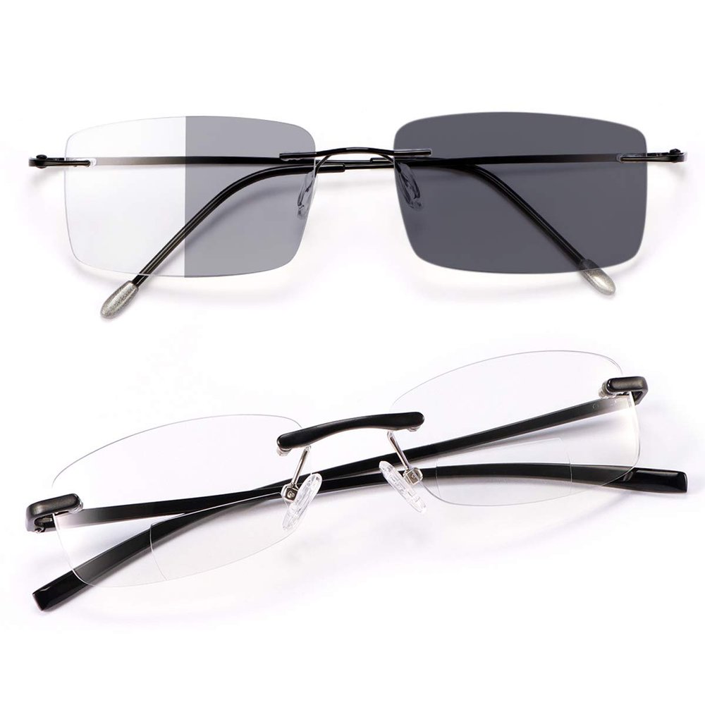 1.5X Magnification Photochromic Progressive Multifocus Transition Reading Glasses Multifocal Sun Readers + Rimless Bifocal Blue Light Blocking Spring Hinge Readers Anti Glare Eye Strain Eyewear