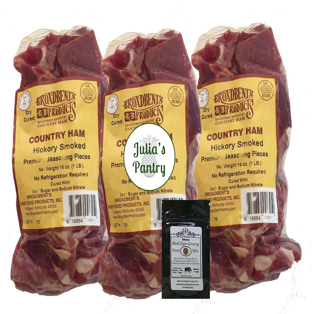 Julia's Pantry Hickory Smoked Country Premium Ham Seasoning Pieces 3-1lb Packages and Sample Red Eye Gravy
