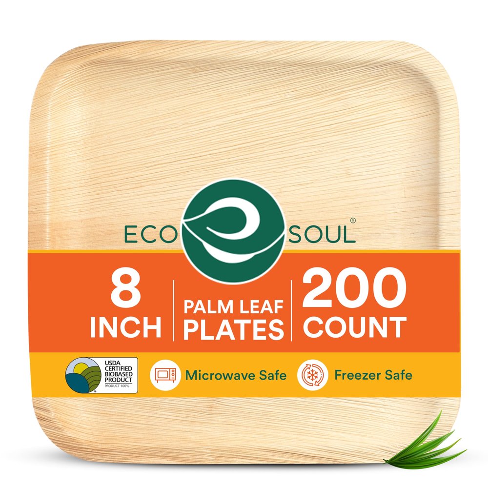 ECO SOUL 8 Inch Disposable Palm Leaf Plates [200 Pack] Premium Food-Safe Heavy Duty Compostable Bamboo Paper Plates for Lunch, Dinner, Birthday, Weddings, Party, Camping & Catering Events [Square]